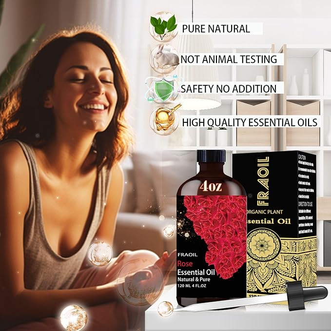 Rose Essential Oil, Rose Oil 4 Fl Oz 120ML for Diffuser Humidifier Yoga Cleaning DIY Candle Soap Making Valentine's Day Gift Essential Oils FRAOIL (Rose 4 Fl Oz (Pack of 1))