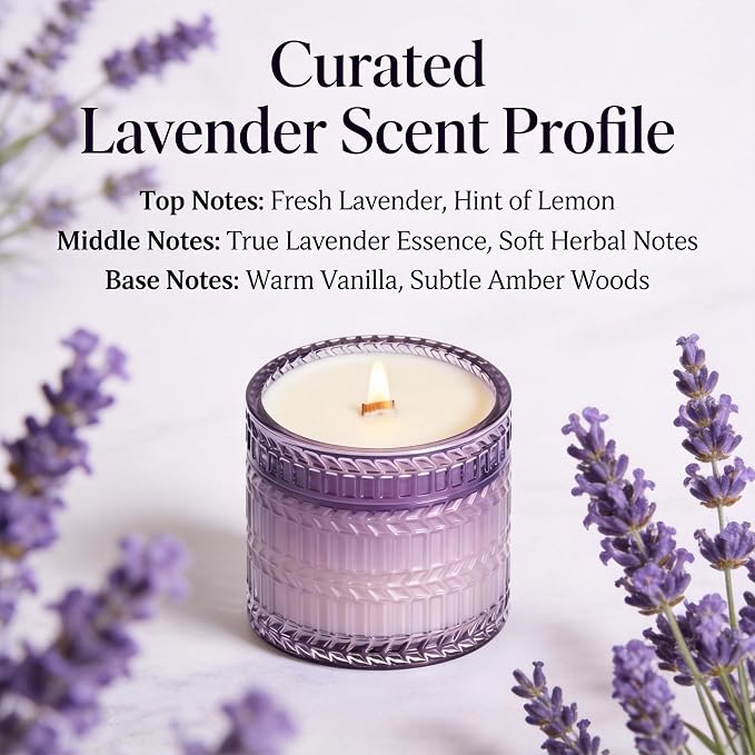 Hidden Label Lavender Scented Candle with Crackling Wooden Wick, 7.4 oz Soy Wax Jar Candle for Bedroom, Bathroom, Spa & Yoga, 55 Hour Small Candle Gift for Women