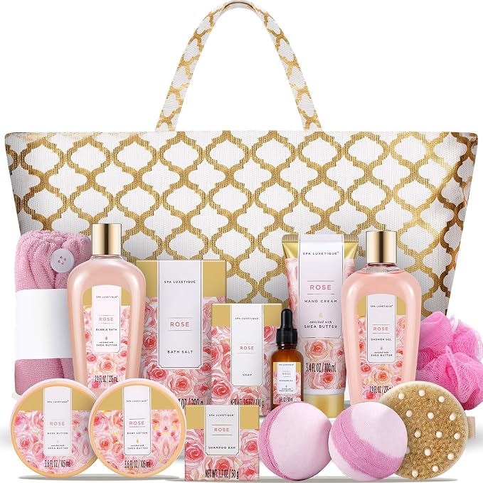 Spa Luxetique Spa Baskets for Women Gift, Womens Spa Gift Baskets, 15pcs Rose Spa Sets, Spa Kit Includes Body Oil, Bubble Bath, Bath Sets for Women, Mothers Day Gifts