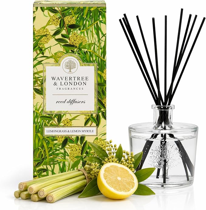 Wavertree & London Natural Lemongrass & Lemon Myrtle Scented Reed Diffusers Set - Long Lasting Aromatherapy Air Freshener Diffuser with Sticks | 250ml Scented Diffuser with 6 Months Scent Life