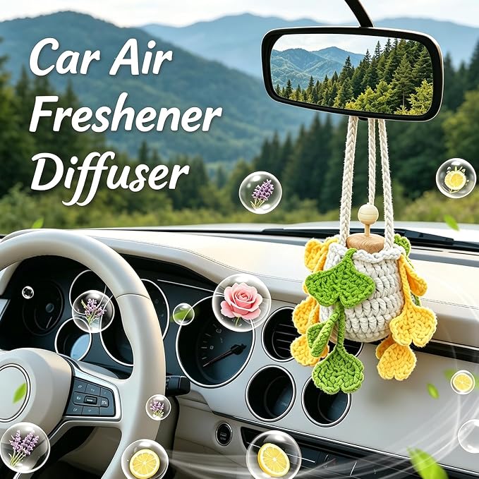 Car Essential Oil Diffuser, 10ml Empty Refillable Bottle with Crochet Hanging Plant Rear View Mirror Accessories, Home Office Decor