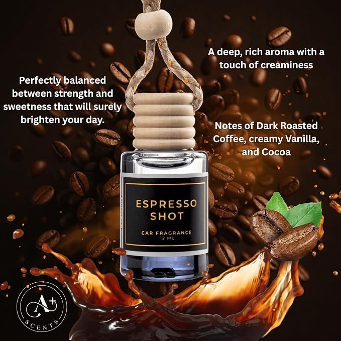 Invigorating Coffee Scented Car Freshener with Luxurious Design - Lasts up to 60 days (Espresso Shot) - A+ Scents Car Hanging Diffuser