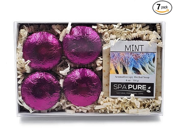 Spa Pure Aromatherapy Gift Set - Lavender Mint Artisan Soap & 4 Shower Steamers - Made with Plant Based Ingredients - Cotton Shower Bag & Soap Bag