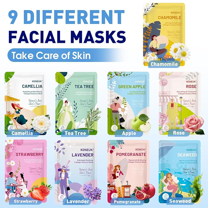 KONEUK 54 Pack Bulk Sheet Face Masks Skincare, Hydrating and Moisturizing Face Mask for All Skin Types, Collagen Facial Masks for Skin Care, Spa Birthday Party Supplies (9 Types x 6 Pcs)