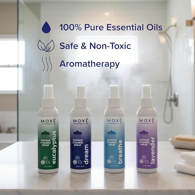 MOXE Aromatherapy Shower Mist Variety Pack, Eucalyptus, Lavender, Breathe and Dream, Spa Steam Spray, Natural 100% Essential Oils, Made in USA, Aromatherapy, Sinus Congestion Relief, 4 Pack (8oz)