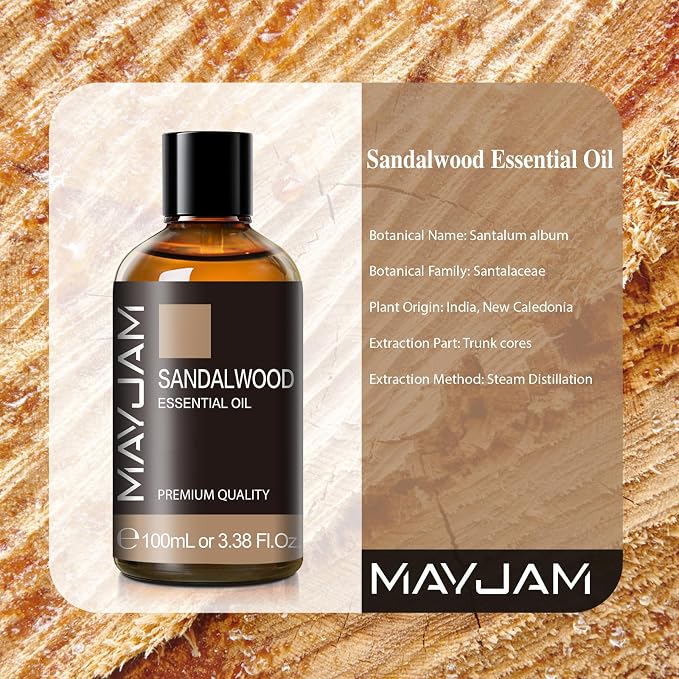 Sandalwood Essential Oil, 3.38FL.OZ Pure Essential Oils by MAYJAM, Large Volume Sandalwood Oil, Perfect for Aromatherapy Diffuser, Great for DIY Candle and Soap Making