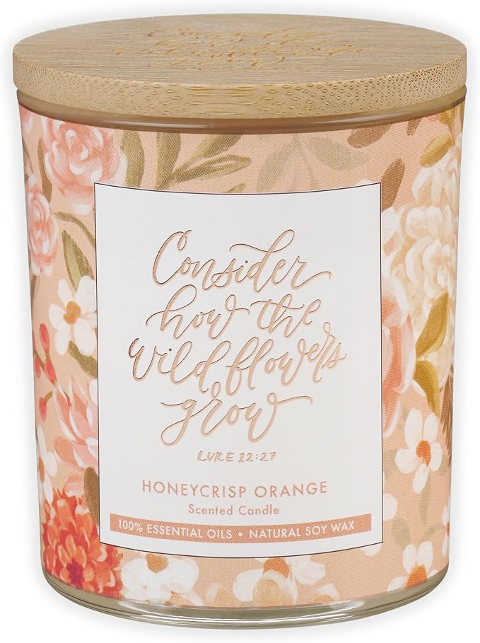 Christian Art Gifts Soy Wax Scented Candle: Honeycrisp Orange Scent, Wildflowers Grow Bible Verse, Pure Essential Oils, 4.5 oz, Up to 20 Hours Burn Time, Glass Jar w/Bamboo Lid, Encouragement Gift
