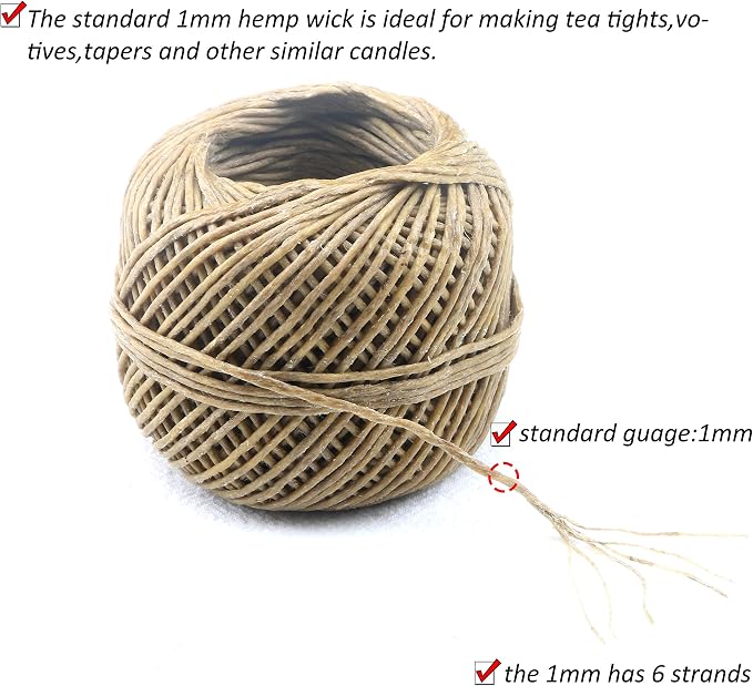 MILIVIXAY Hemp Wick with Natural Beeswax Coating, Edible Grade Beeswax, 200 FT Spool, Standard Size (1.0mm),Unbleached, Un-Dyed and 100% Organic.