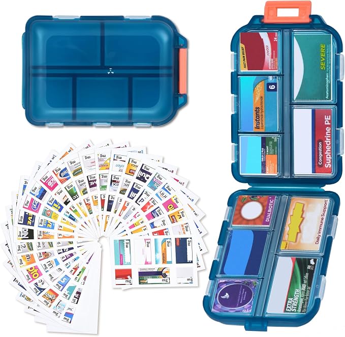 Large Pill Organizer with 189 Medicine Labels, 10 Compartments Pill Case Compact Portable Travel Pill Box for Airplane Car Purse Nurse Vacation Essentials (Green, 1 Pack)