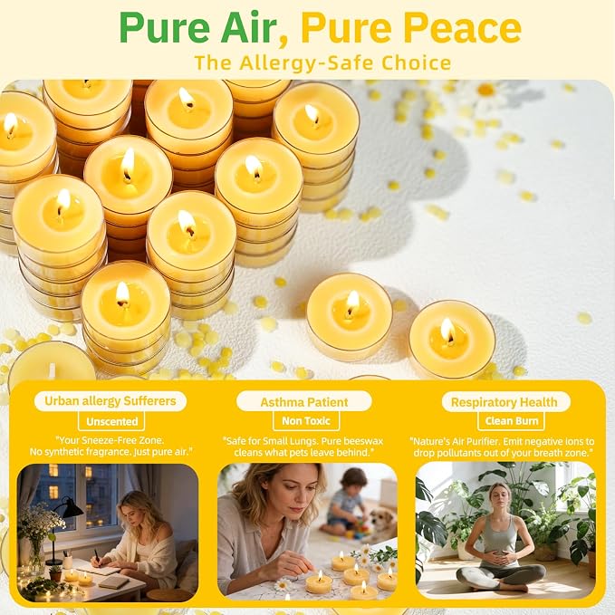 12 Pack Pure Beeswax Tea Light Candles-Natural Beeswax Tealight Candles-2 Hour Short Burn Time Tea Candle for Meditation, Yoga,Shabbat and Home Decor Air Purifying-Smokeless
