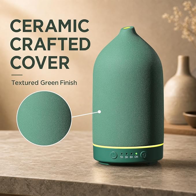 Gooamp 200ML Ceramic Essential Oil Diffuser - Ultrasonic Aromatherapy & Humidifier with 7-Color LED Lights, Auto Shut-Off, Green, 1H/3H/6H Timer | Scent for Home, Office, Yoga
