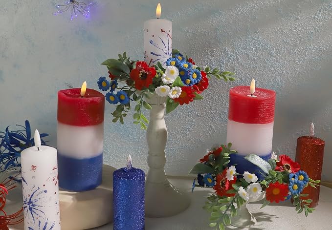 Independence Day Candle Ring 2 Pcs 3'' (Inner) 6'' (Outer) Diameter Floral Candle Rings Artificial Flowers Red-White-Blue Mini Wreaths Ideal Independence Centerpiece for Patroic Decor