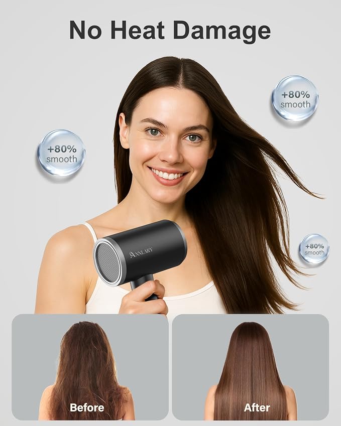 ANNLARY Hair Dryer with Comb | 1800W Blow Dryer with Diffuser for Curly Hair | Plasma Ionic Hairdryer for Frizz Control & Shine | Foldable Portable Travel Hair Dryer | 6.5 ft Cord (Black)