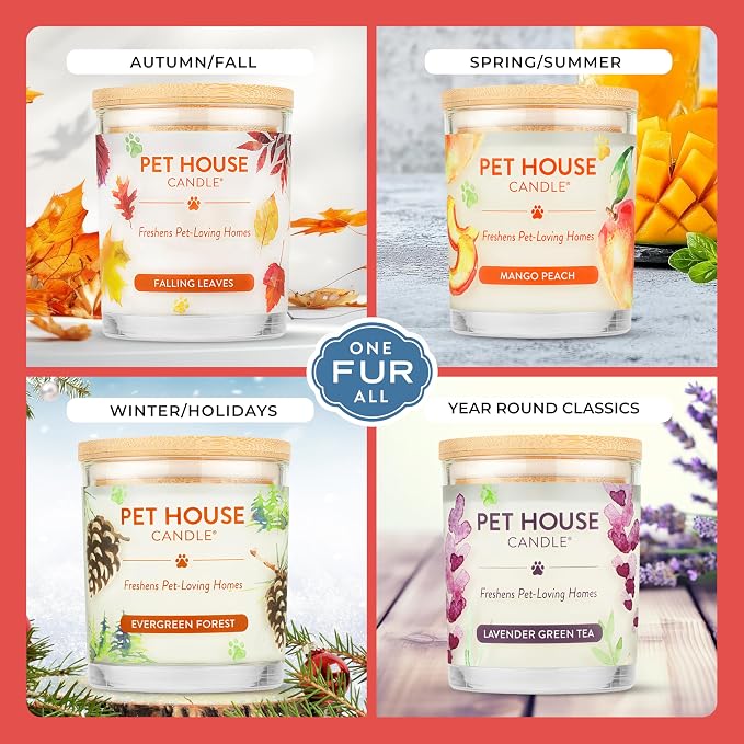 One Fur All Pet House Candle 2 Pack - Plant-Based/Soy- Clean Burning Scented, Long Lasting Pet Odor Candle for Home - Hollyberry