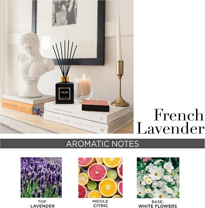 Touche Luxury Natural Reed Diffuser. Long Lasting Scented Home Fragrance. Natural Essential Oil Alcohol-Free. 4.75 OZ. Glass Bottle (Lavender & Eucalyptus - Black Bottle)