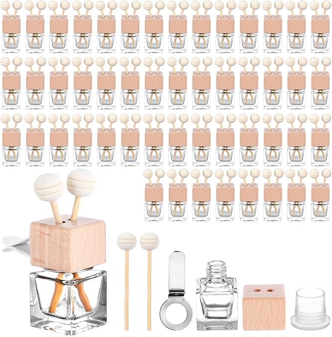 50 Pcs Glass Car Air Freshener Vent Clip Empty Essential Oil Diffuser Bottle Auto Glass Perfume Diffuser with Vent Clip Wooden Cap and Stick for Car Fragrance Ornament (Clear)