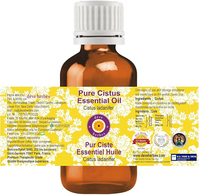Deve Herbes Pure Cistus Essential Oil (Cistus ladanifer) Steam Distilled 2ml (0.06 oz)