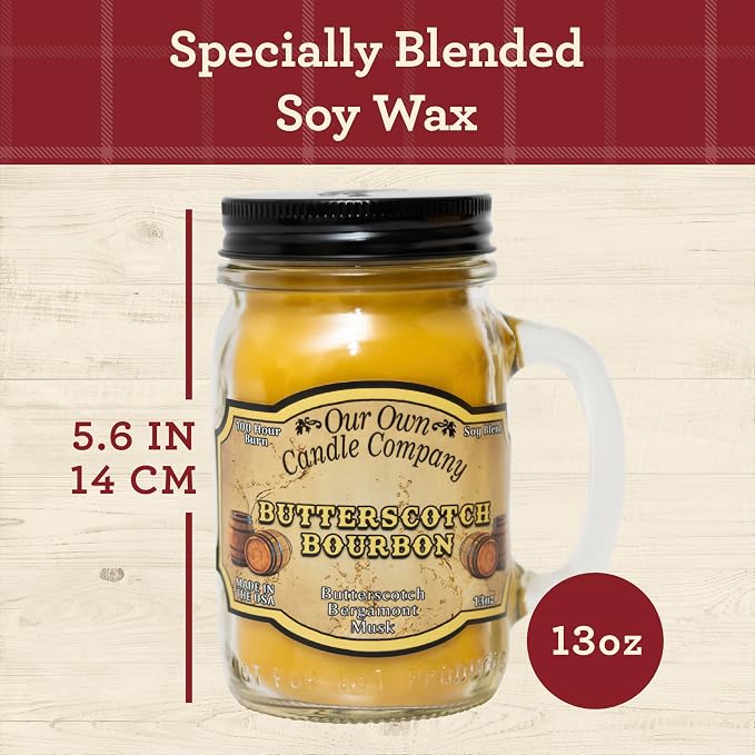 Our Own Candle Company, Butterscotch Bourbon Scented Mason Jar Candle, 100 Hour Burn Time,13 Ounces