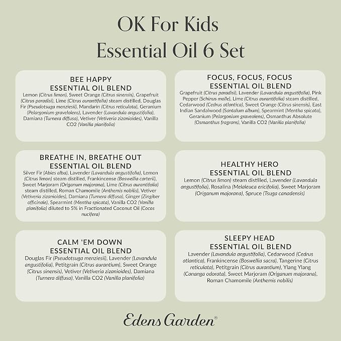Edens Garden OK for Kids Essential Oils 6 Set - 100% Pure Therapeutic Grade, Natural Aromatherapy Blends for Diffusers, Skin, Sleep & Home - No Fragrance Oil, Undiluted & Gentle, 10 ml/ 6 Pack