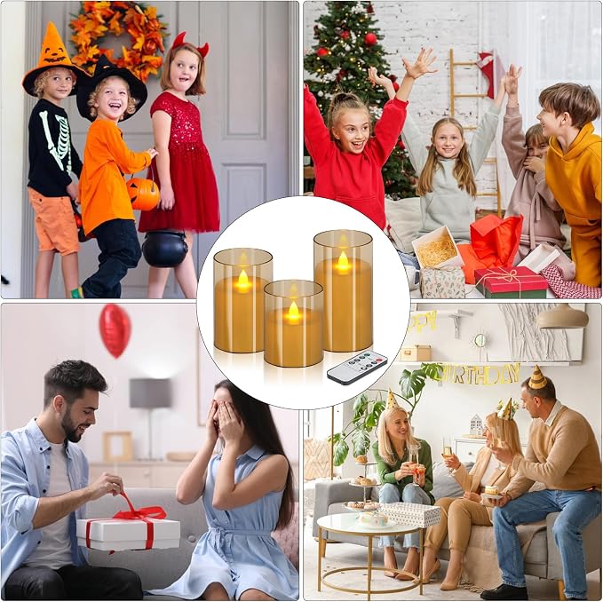 wemarry Flameless Candles 4" 5" 6" Acrylic Glass Pillars 3" Diameter Battery Operated Flickering Candles Include 8-Key Remote with Timer Function 400+ Hours (Gray, Warm Light 9 Pack)