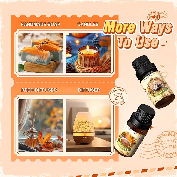 WUSEONY Fall Essential Oil for Diffusers, Autumn Fragrance Oil Set, Aromatherapy Oils Gift Set for Candle Soap Making - Apple Cider, Nutmeg, Snickerdoodle, Vanilla, Forest Pine, Pumpkin Spice, 6x10ml