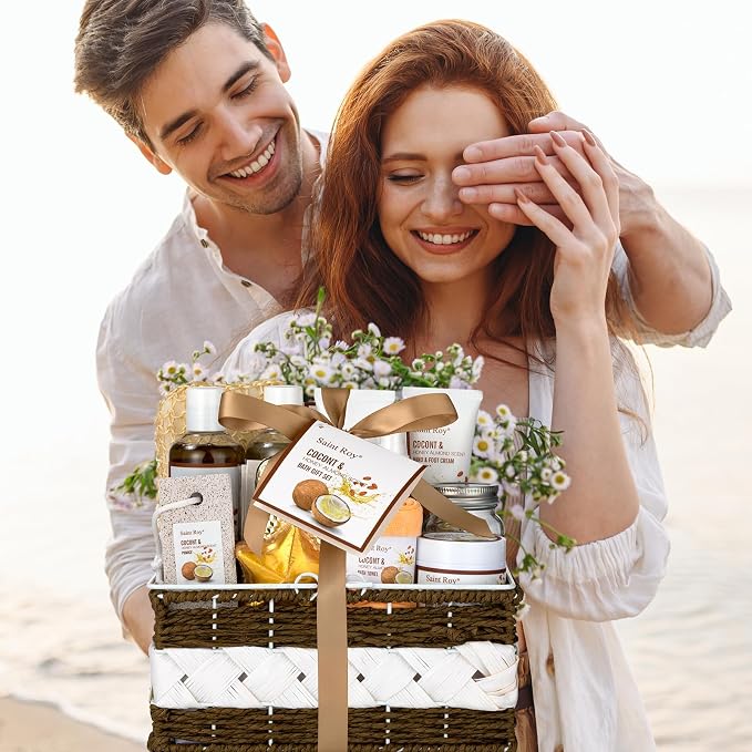 26Pc Bath and Body Gift Basket Set, Coconut Honey Almond Self Care Kit | Spa Gift Basket, Bath Gift Set Skin Care Gift for Fathers Day, Birthday, Christmas, Mother, Bridal Shower, Anniversary