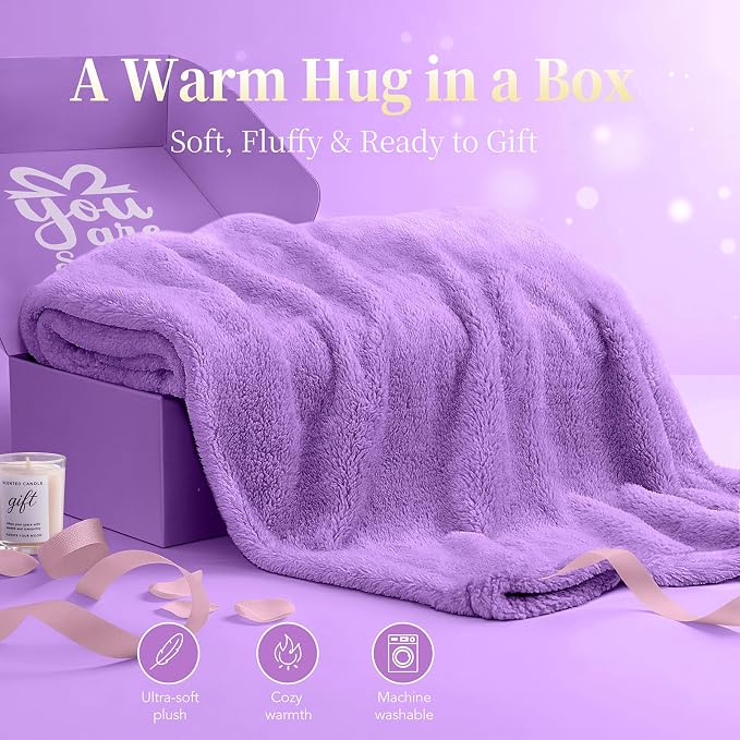 Birthday Gift for Women - Luxury Spa Self Care Kit for Her - Perfect Birthday Gifts for Wife Mom Girlfriend Sister - Relaxing Spa Experience with Blanket Candle Bath Bomb Tumbler - Purple Gift Box