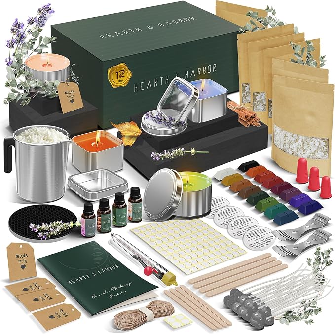 Hearth & Harbor Organic Soy Candle Making Kit for Adults, DIY Crafts, Complete Candle Making Supplies Include Natural Soy Wax, Tins, Scents, Dyes, Wicks & More – Gift Idea, Perfect Home Decor – 12 Lbs