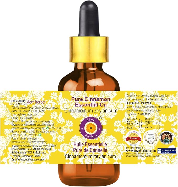 Deve Herbes Cinnamon Essential Oil (Cinnamomum zeylanicum) with Glass Dropper Pure | Non-Sticky | Non-Greasy | Lightweight | Men & Women | All Skin Types | Steam Distilled 15ml