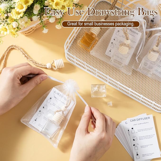 Boao 25 Sets Hanging Car Air Freshener Diffuser Bottles Empty Bulk with Car Diffuser Instruction Cards Organza Bags Glass Refillable Essential Oil Fragrance Aromatherapy Pendant (Flat Square,Clear)