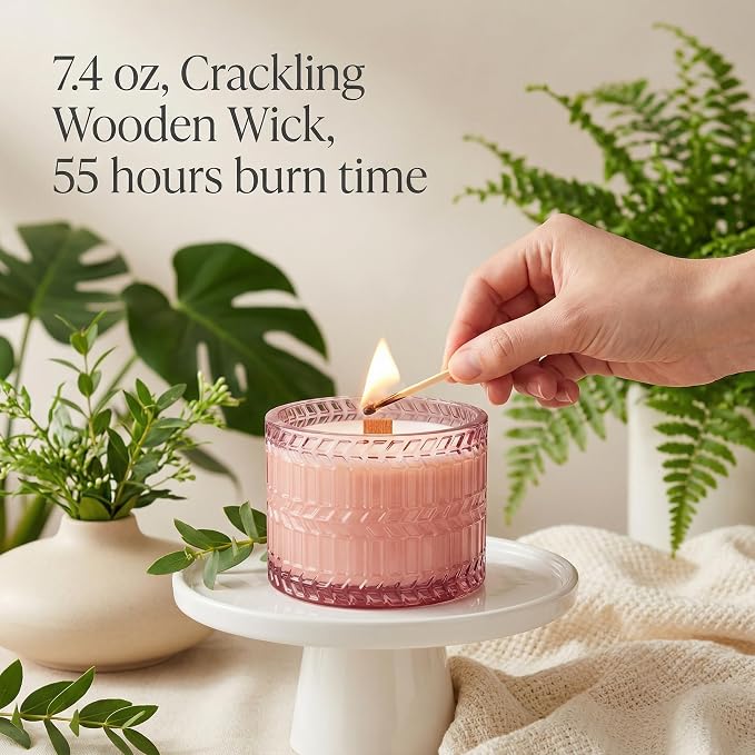 Hidden Label Rose Sandalwood Candle, 7.4oz Wood Wick, Pink Jar | 55H Burn | Crackling Wood Wick | Non-Toxic Soy Wax | Romantic Pink Decor & Gift