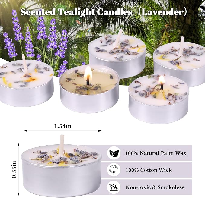 Lavender Scented Tealight Candles 64 Pack - 4-Hour Palm Wax White Tea Lights, Plant Dried Flower Scented Tea Candles (Paraffin-Free), Votive Candle for Home/Yoga/Bath/Meditation