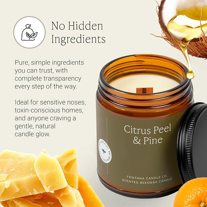 Fontana Candle Co Wood Wick Beeswax Jar Candle, Citrus Peel & Pine – Made Safe with Coconut Oil & Pure Essential Oils – 35+ Hrs Clean Burn, Long Lasting and Non-Toxic Candles for Home & Room Decor