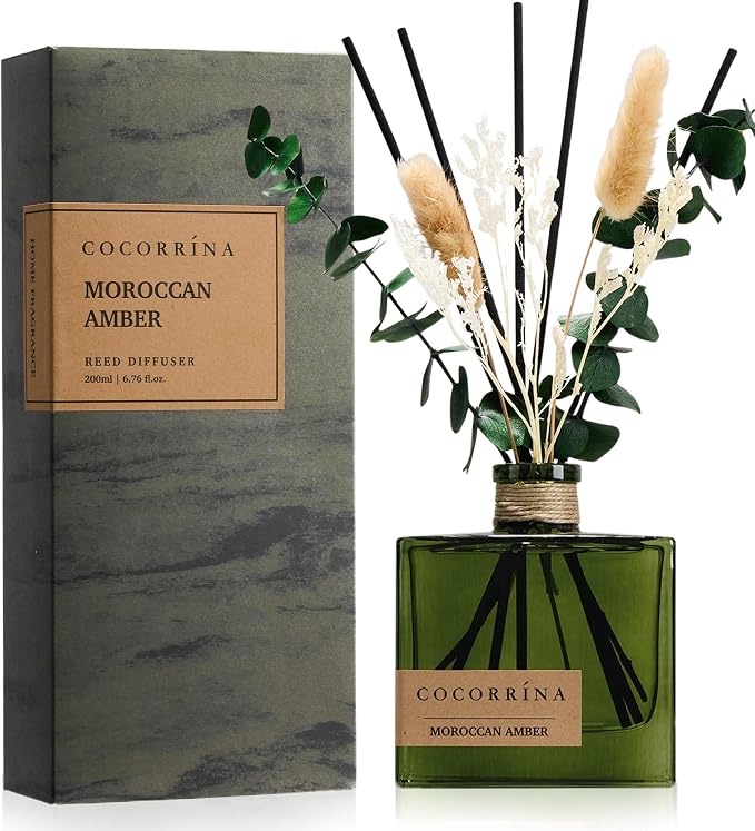 COCORRÍNA Reed Diffuser, 6.76 oz Moroccan Amber Scent Reed Diffuser with 6 Sticks & Dried Flowers, Long Lasting Elegant Fragrance Home Décor for Bathroom Bedroom Office