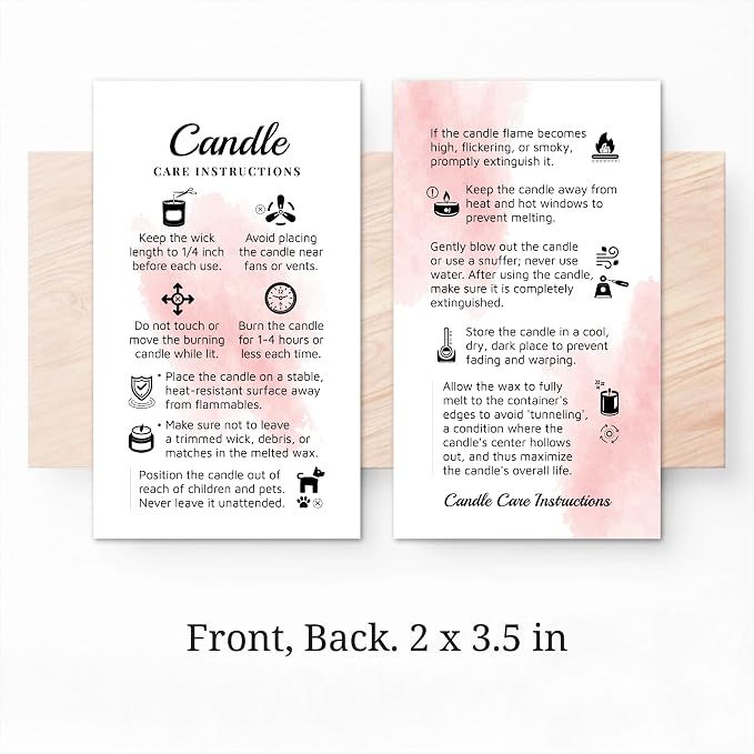 100 pack - Premium Handmade Candle Care Instruction Cards Pink White 2x3.5 in, Small Business | Soy Bees Wax Melt, Candle Makers, Making Supplies Kit Set, Containers, Jars, Package