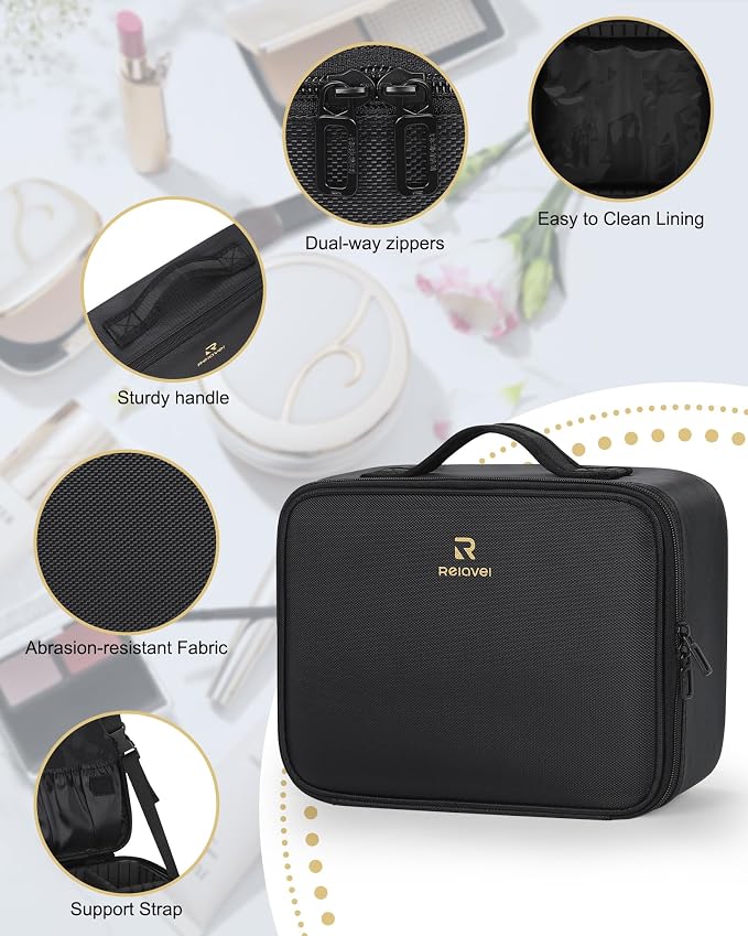 Relavel Makeup Bag Large Cosmetic Bag Travel Train Case Toiletry Bag for Women with Adjustable Dividers, Travel Essentials Organizer Case Storage Box for Skincare, Brushes, Black