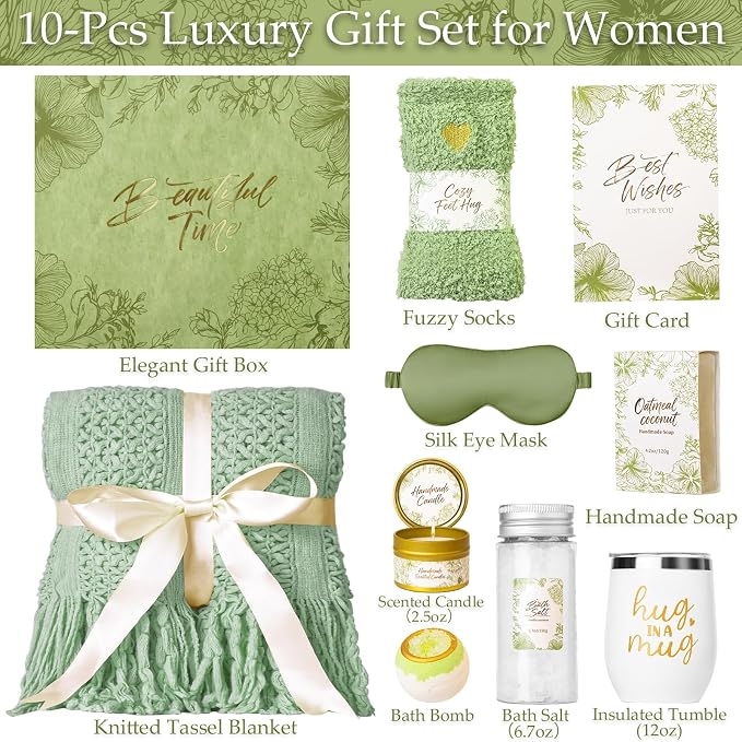 Gift Basket for Women, Self Care Set with Knitted Throw - Care Pkg - Green | for Women Mom Her Friend Sister Wife Grandma Fringe Blanket, Spa Bath Bombs Candle Soap Sea Salt, Birthday Get Well