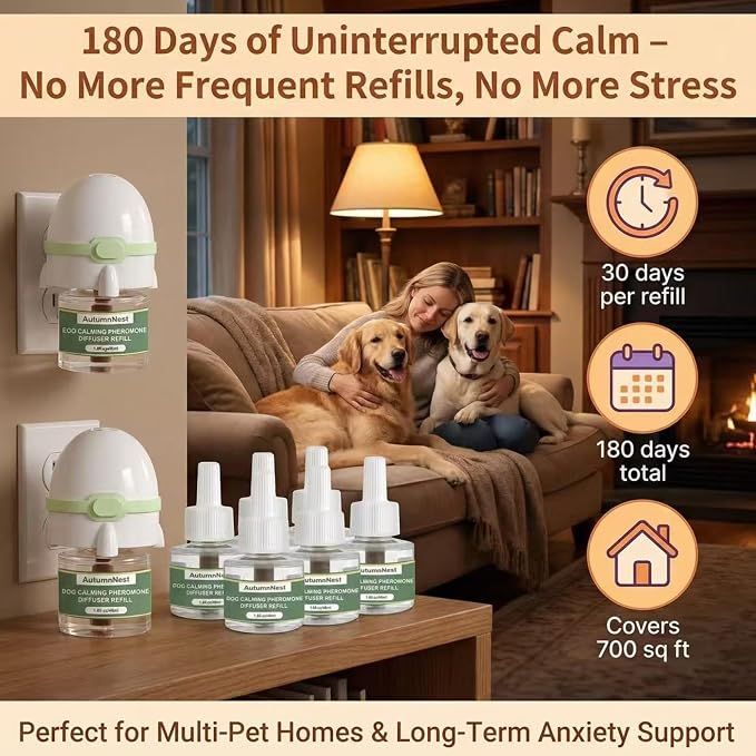 8-in-1 Dog Calming Pheromone Diffuser Kit – Pet Stress Support (2 Plug-Ins & 6x48ml Refills), Calming Diffuser for Dog During Thunderstorms, Travel, Separation, Fireworks & Vet Visits, 180-Day Supply