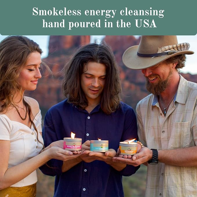 Smudge Candle Gift Set (4x6oz) – Love, Grounding, Cleansing & Awakening – Soy Wax Energy Candles – Sage, Rose, Palo Santo & Sedona – Spiritual for Protection, Intention & Healing – Made in USA