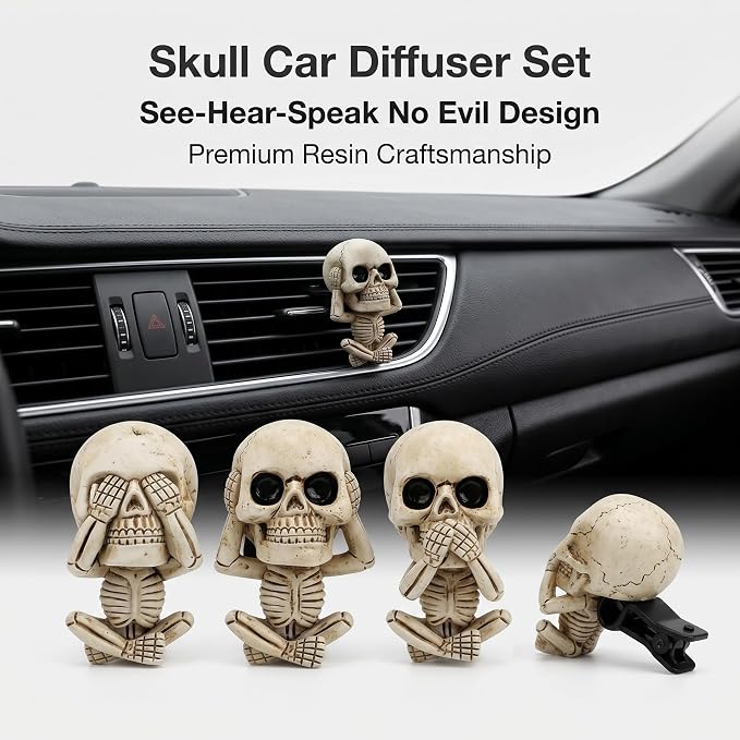 3Pcs Gothic Skull Car Vent Clip Freshener with Felt Scent Pads | Resin skull vent diffuser controls odors, fits car bathroom, Halloween gothic decor gift for teens adults