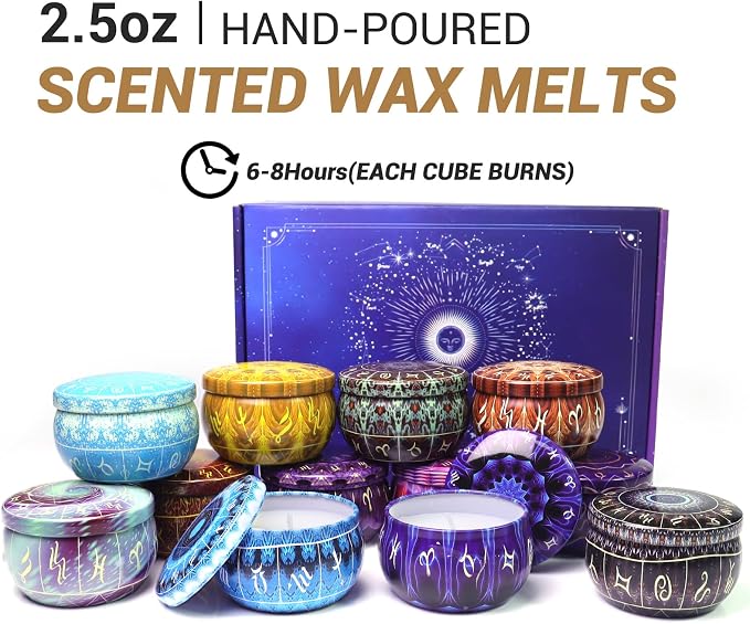 Zodiac Scented Candles Gifts Set, 12 Pack Soy Wax Travel Aromatherapy Candles with Essential Oils, Astrology Constellation Candle Set for Birthday, Mother's Day, Relaxation, Home Decor