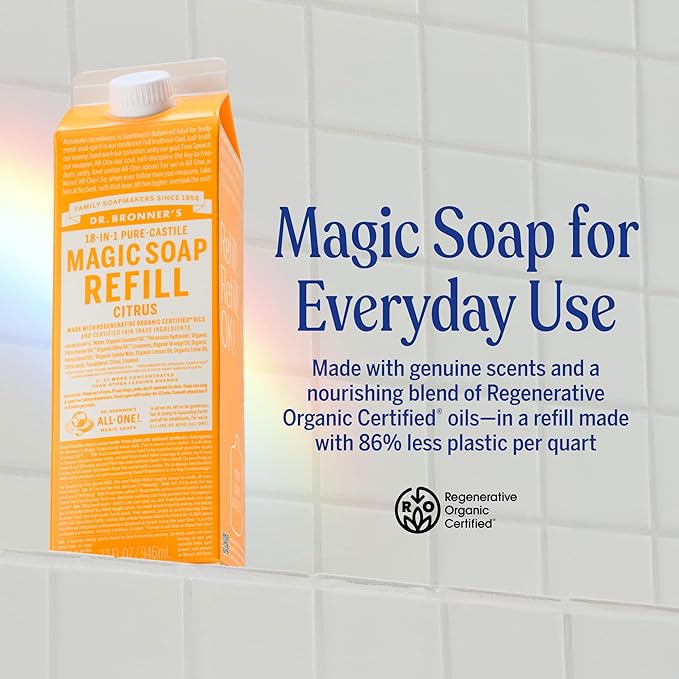 Dr. Bronner's Magic Soap-Pure-Castile Liquid Refill (Citrus, 32 ounce, 2-Pack) - Made with Regenerative Organic Certified Oils, For Body, Hair, Laundry, Pets & Dishes - Concentrated, Vegan, Non-GMO