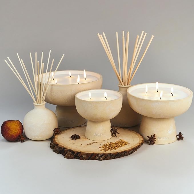 Blueme Calm Candle Refill | Osmanthus & Sandalwood | 2 Wick - Contains Essential Oil, Sustainable, Hand Finished, Hand Poured, Luxury Refill, Natural Cotton Wick, Soy-Wax Blend | Medium 12 oz
