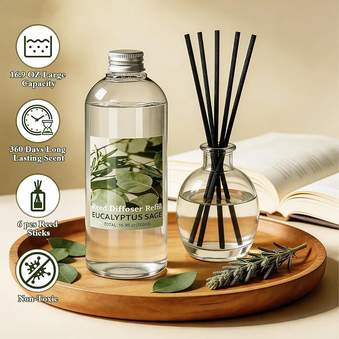STRN Reed Diffuser Refill, Eucalyptus and Sage Scent Diffuser 500ml | 16.9 oz with 6 Reed Sticks, Room Fresheners for Home, Long-Lasting Summer Fragrance for Living Room, Bedroom, Office