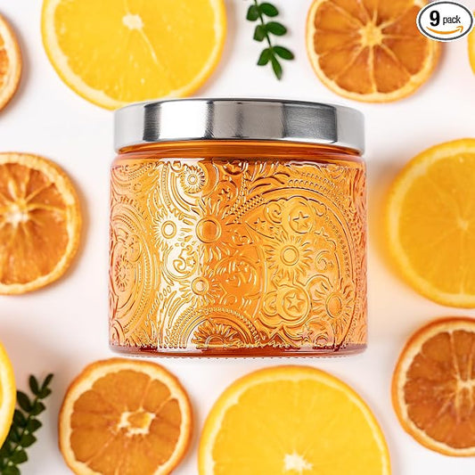 10 oz Orange Sun Moon Stars Candle Jars with Metal Lids, 9 Pack | Patented Embossed Design, Includes Wick Centering Devices & Warning Labels, Multiple Color Options