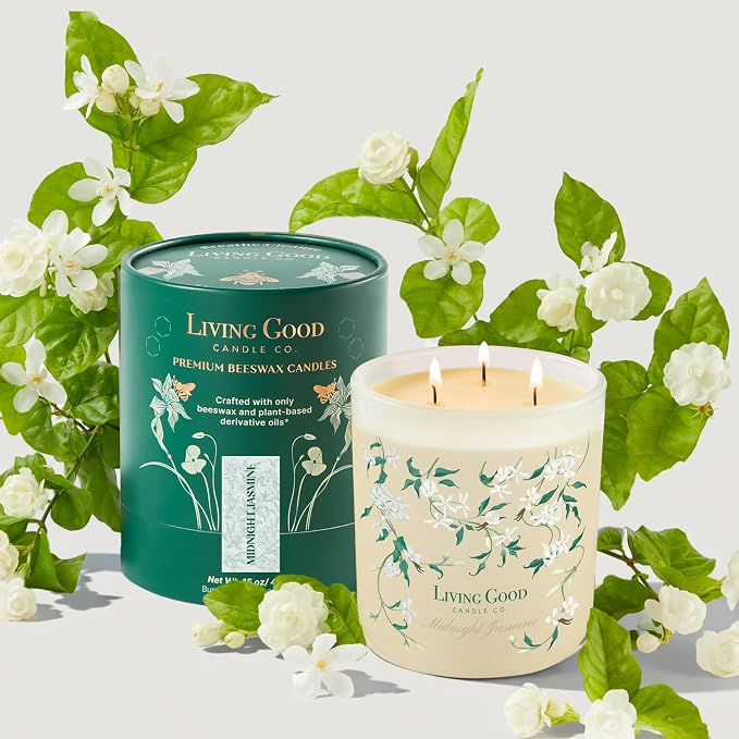 Midnight Jasmine Beeswax Candle - Nostalgic Soft Jasmine with Pink Pepper & Vanilla - Subtle & Refreshing - 90+ Hours of Clean & Non-Toxic Burn - Hand-Drawn Jar - Perfect Unique Gift - 15 OZ