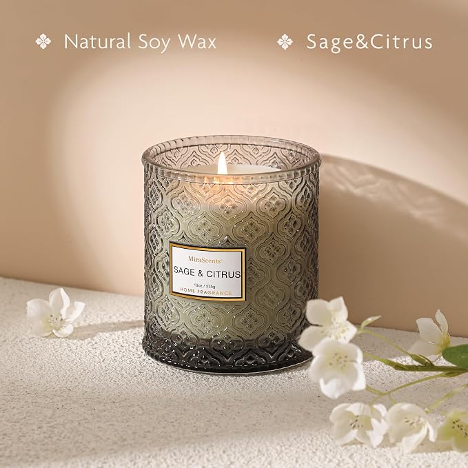 Sage & Citrus Scented Candles, Large Natural Soy Candle, 88 Hours Burning Time, Decorative Candles in Glass, Aromatherapy Candle Gift for Women, 19oz