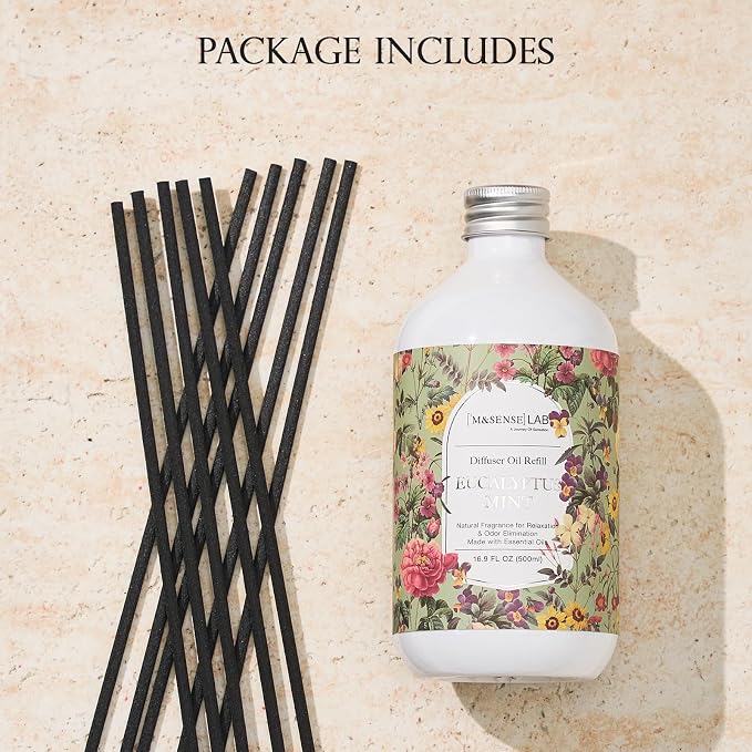 M&SENSE Reed Diffuser Oil Refill, 16.9oz (500ml) Eucalyptus & Mint Scent Home Fragrance with 10 Hollow Reed Sticks, Scented Oil Refills, Natural Essential Oils for Diffusers, Décor for Home Spa Office