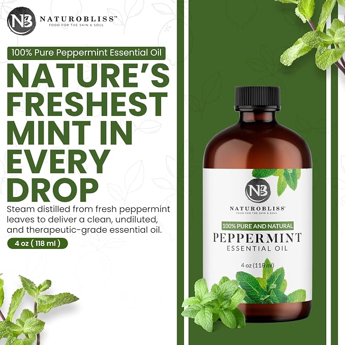 NaturoBliss Peppermint Essential Oil, 100% Pure and Natural Therapeutic Grade, Premium Quality Peppermint Oil, 4 fl. Oz - Perfect for Aromatherapy and Relaxation