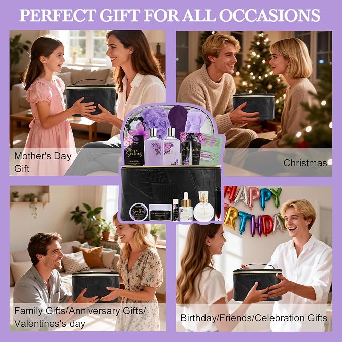 26Pc Spa Gift Basket for Women, Face Skin Care Kit, Bath and Body Gift Set | CHARCOAL & SHEA BUTTER scents Leather Cosmetic Bag Bath Gift Set Home Spa Self Care Kit, Anniversary, Birthday, Mothers Day